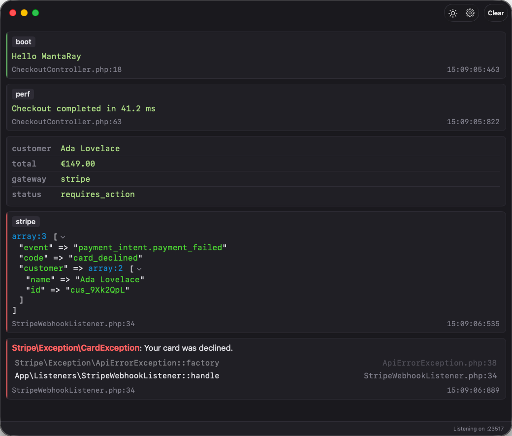 The MantaRay window on macOS showing five incoming ray() entries: a green 'Hello MantaRay' log labelled boot, a timing log, an order table, an expanded Stripe webhook array, and a CardException with its stack frames — each with a clickable file:line origin.